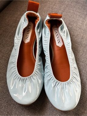 Lanvin Ballerina Flats Patent Leather Mint Blue Tan 36 6